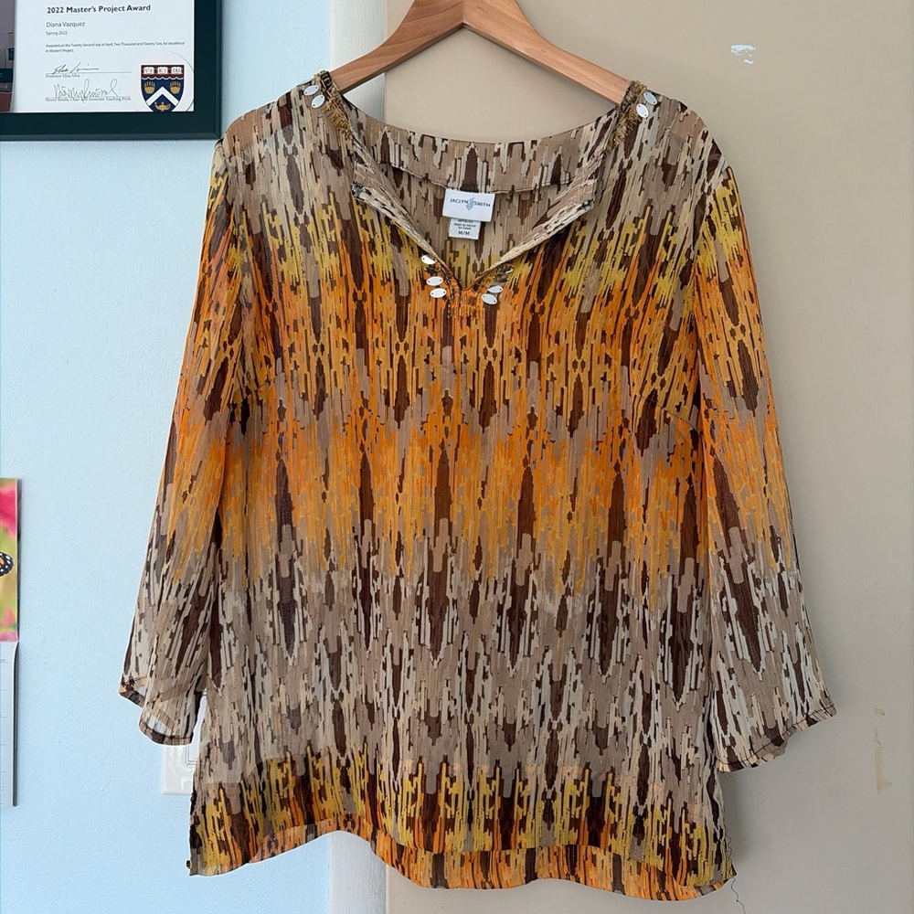 Jaclyn Smith Brown and Orange Patterned Blouse
